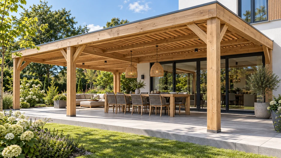 Großes individuelles Terrassendach aus Holz neben einem Haus