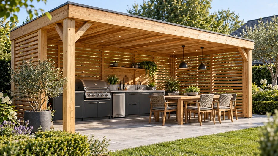Individuelle Außenküche und Essbereich aus Holz