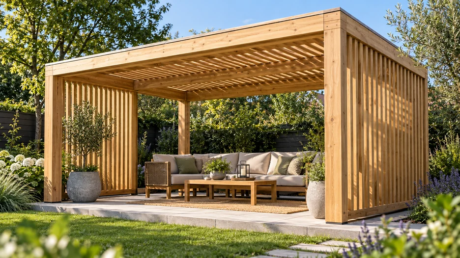 Individuelle Holzpergola mit Lamellenseitenwänden