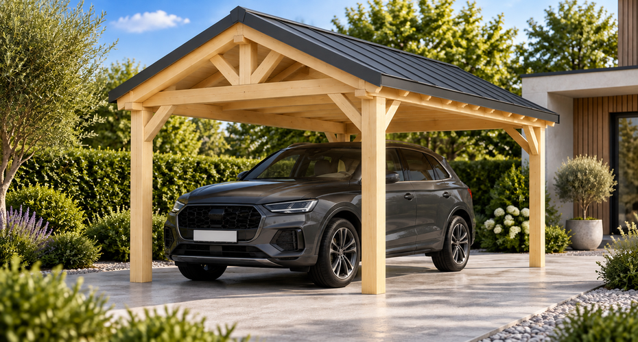 Einzelcarport Satteldach 3 × 5 m in Natur — unbehandelt