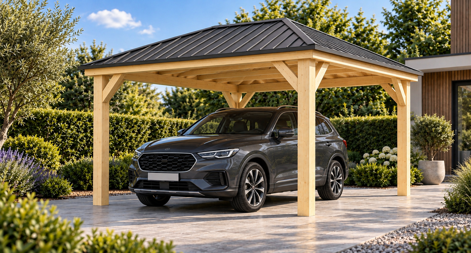 Einzelcarport Walmdach 3 × 5 m in Natur — unbehandelt