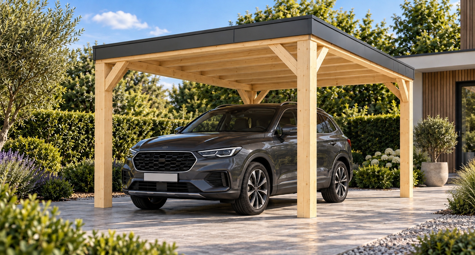 Einzelcarport Flachdach 3 × 5 m in Natur — unbehandelt