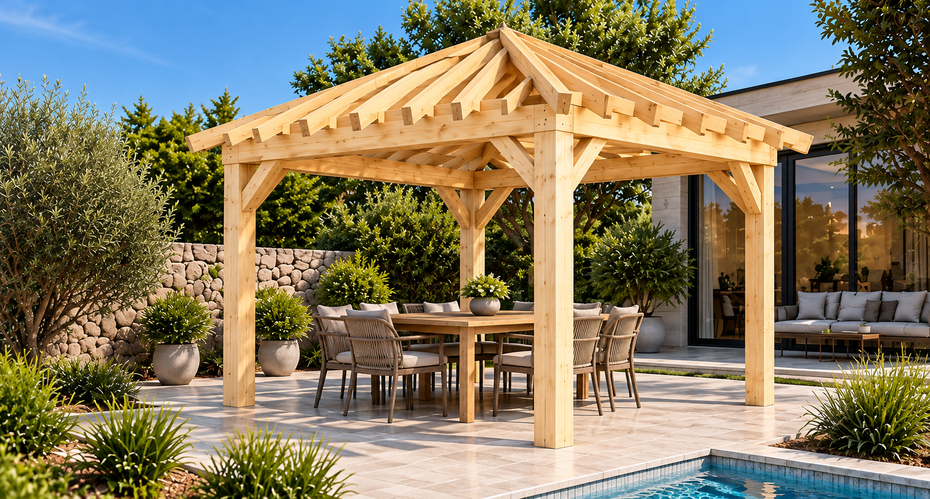 Klassische Pergola Walmdach 3 × 3 m in Natur — unbehandelt