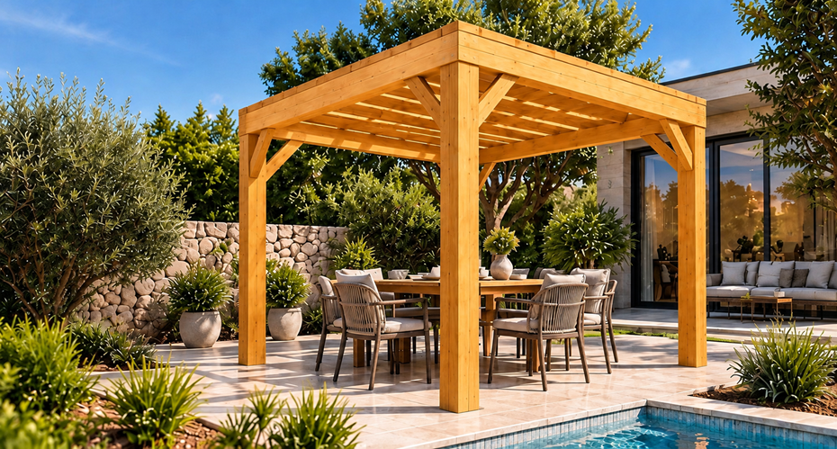Klassische Pergola 3 × 3 m mit Flachdach in Eiche natur