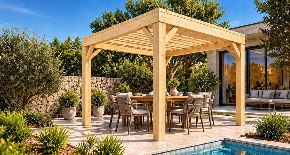 Klassische Pergola 3 × 3 m in Natur — unbehandelt