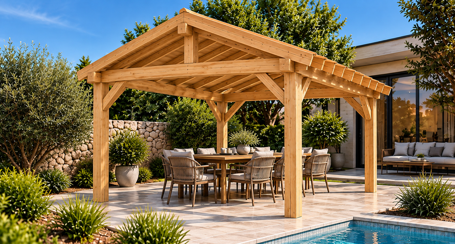 Klassische Pergola 3 × 4 m mit Satteldach in Eiche natur