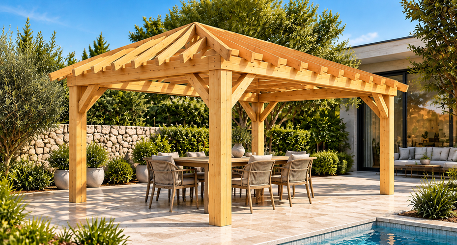 Klassische Pergola 3 × 5 m mit Walmdach in Nordische Kiefer