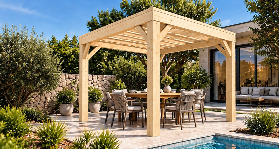 Klassische Pergola 4 × 4 m mit Flachdach in Natur — unbehandelt