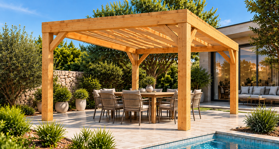 Klassische Pergola 4 × 5 m mit Flachdach in Nordische Kiefer